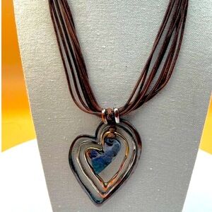Vintage Multi-Heart Pendant Necklace With Brown Leather Cords.   N18